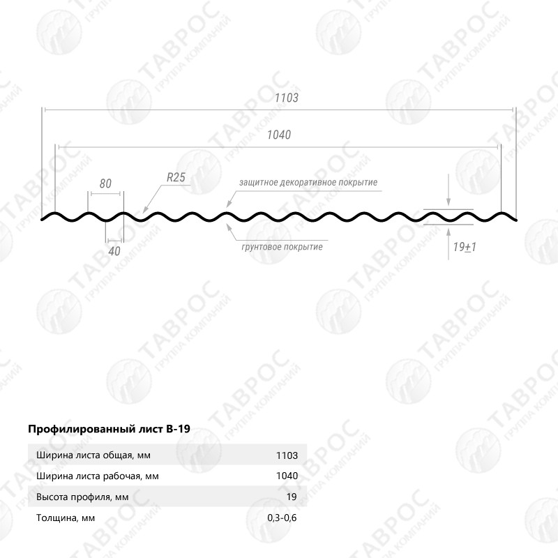 Гофрированный лист В-19 Гладкий полиэстер RAL 9003 (Белый) 1800*1103*0,5 двухсторонний